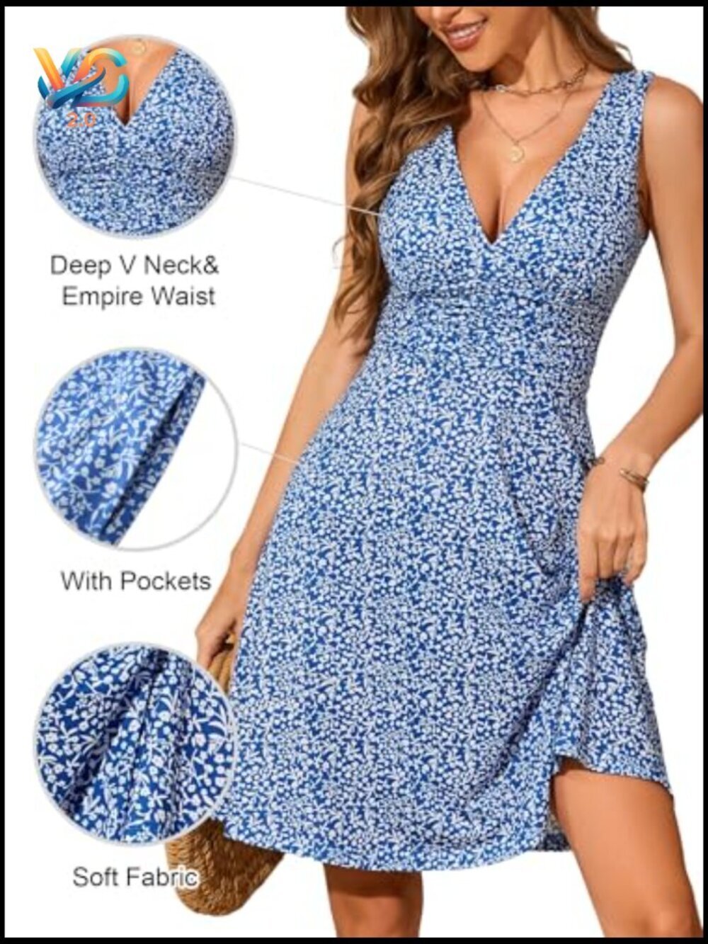 Sleeveless Deep V Neck Flowy Sundress with Pockets Summer - Picture 6 of 7
